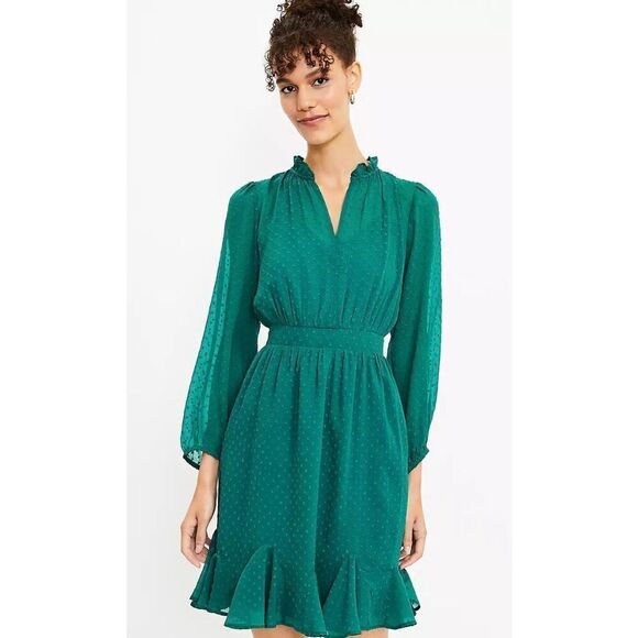 Loft Clip Godet Flare Dress SZ 0 Swiss Dot Mature Classy Cocktail Long Sleeve - Picture 1 of 7